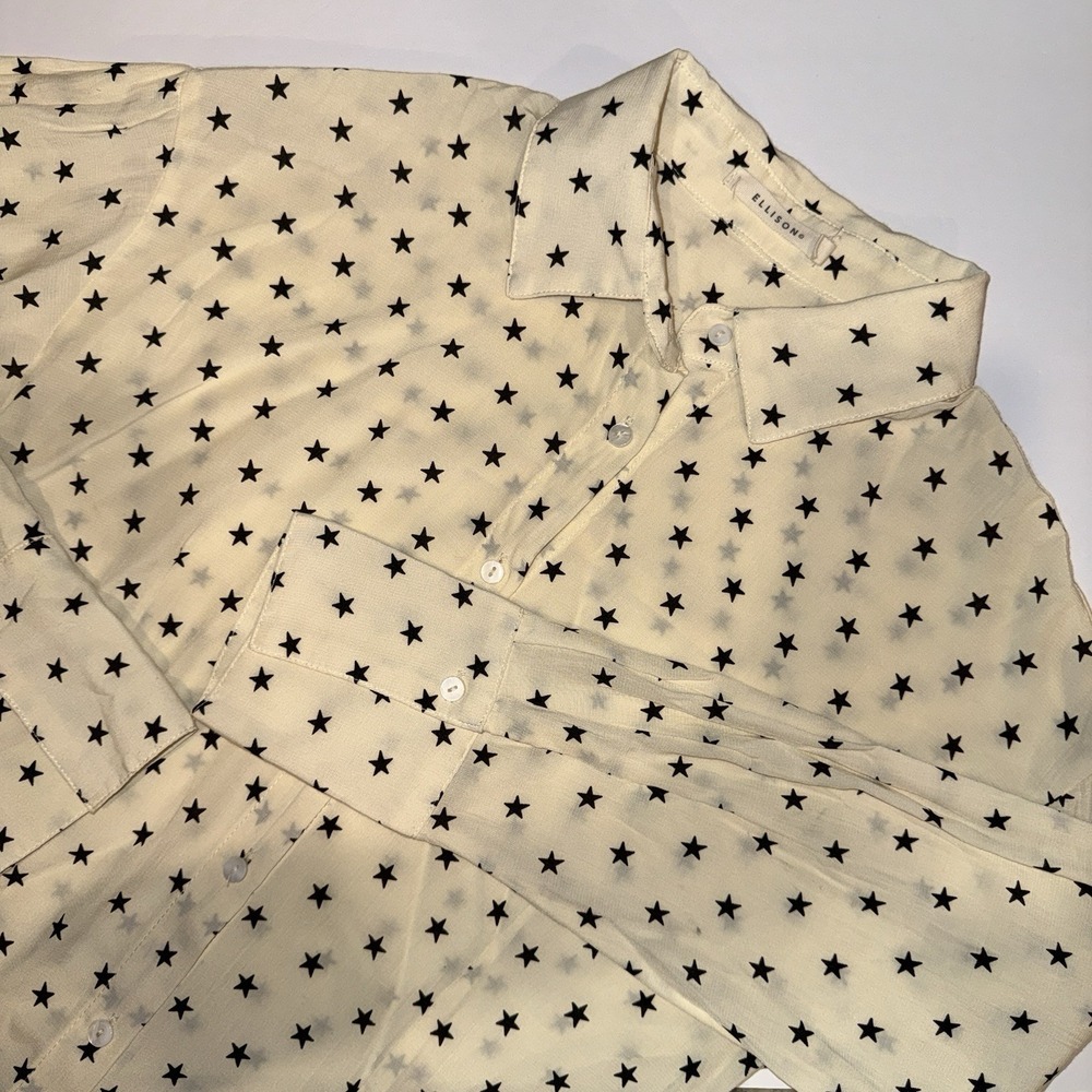 Ellison Star Print Button Down Shirt Blouse Off White Cream Black Small⁠ Stars